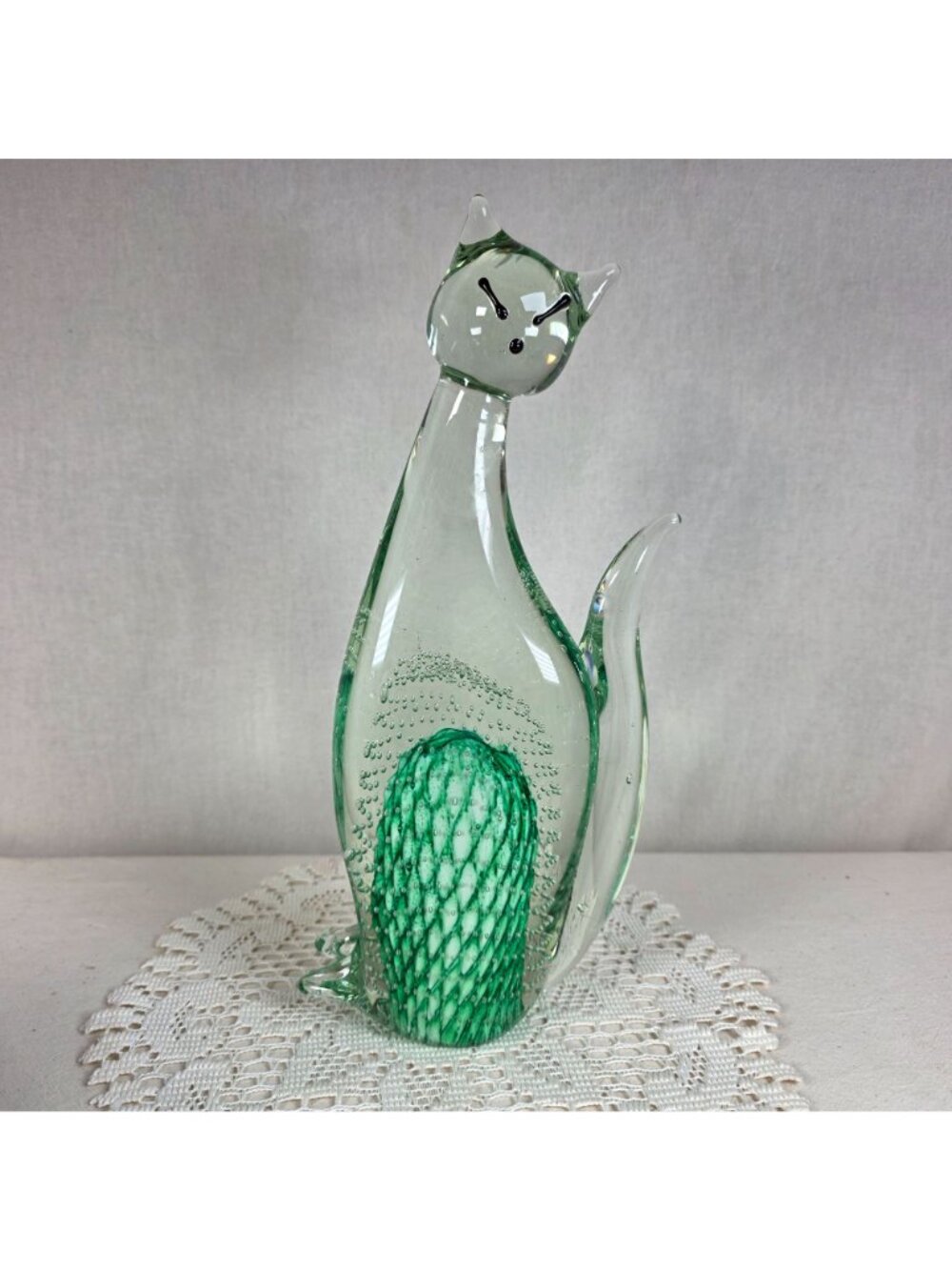 Large Vintage Art Glass Cat Sculpture Green Controlled Bubble Latticino 12" Tall - Picture 2 of 9